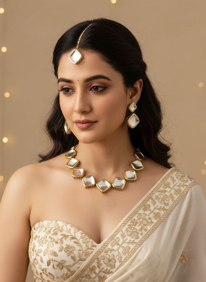 LUCKY JEWELLERY 18K Gold-Plated Meenakari Kundan Stone Studded Jewellery Set - Image 2