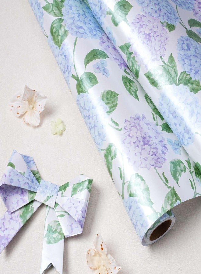 LaRibbons Floral Wrapping Paper Mini Roll, Blue & Purple Watercolor Hydrangea on Pearlescent Background, Elegant Gift Wrap for Wedding, Baby Shower, Bridal Shower, Birthday, 17" x 33'(46.7 sq. ft) - Image 3