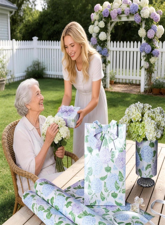 LaRibbons Floral Wrapping Paper Mini Roll, Blue & Purple Watercolor Hydrangea on Pearlescent Background, Elegant Gift Wrap for Wedding, Baby Shower, Bridal Shower, Birthday, 17" x 33'(46.7 sq. ft) - Image 2