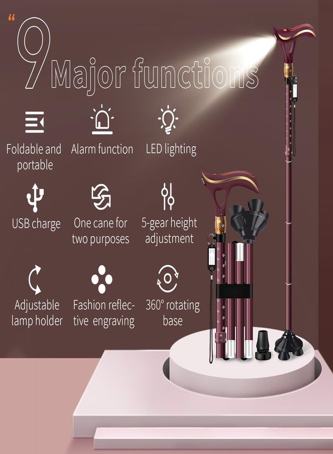 ispuoocti Folding Cane, Smart Alarm Foldable Cane with Light, Fashion Walking Cane for Women&Men, Adjustable Canes for Seniors, USB Direct Charging, Lightweight and Portable (Red) - Image 2