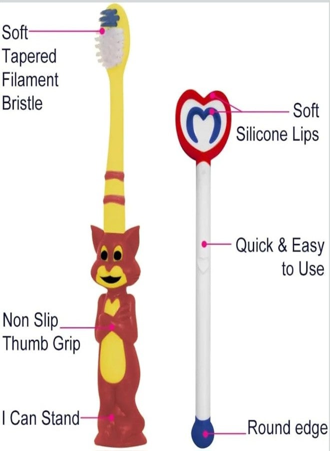 إي شوبينج مجموعة فرشاة أسنان للأطفال بتصميم قطة، مزودة بشفاه سيليكون، وشعيرات ناعمة، ومقبض إبهام مانع للانزلاق، وقاعدة ثابتة، ومنظف للسان للأطفال، عبوة متعددة الألوان - Image 3