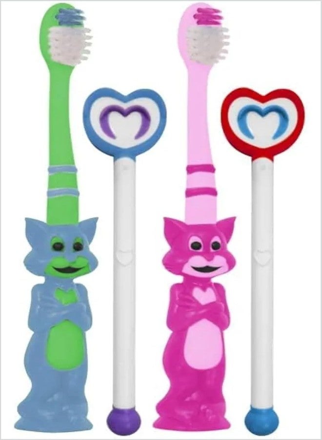 إي شوبينج مجموعة فرشاة أسنان للأطفال بتصميم قطة، مزودة بشفاه سيليكون، وشعيرات ناعمة، ومقبض إبهام مانع للانزلاق، وقاعدة ثابتة، ومنظف للسان للأطفال، عبوة متعددة الألوان - Image 2