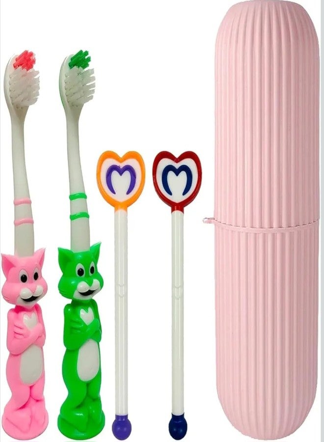 إي شوبينج مجموعة فرشاة أسنان للأطفال بتصميم قطة، مزودة بشفاه سيليكون، وشعيرات ناعمة، ومقبض إبهام مانع للانزلاق، وقاعدة ثابتة، ومنظف للسان للأطفال، عبوة متعددة الألوان - Image 1