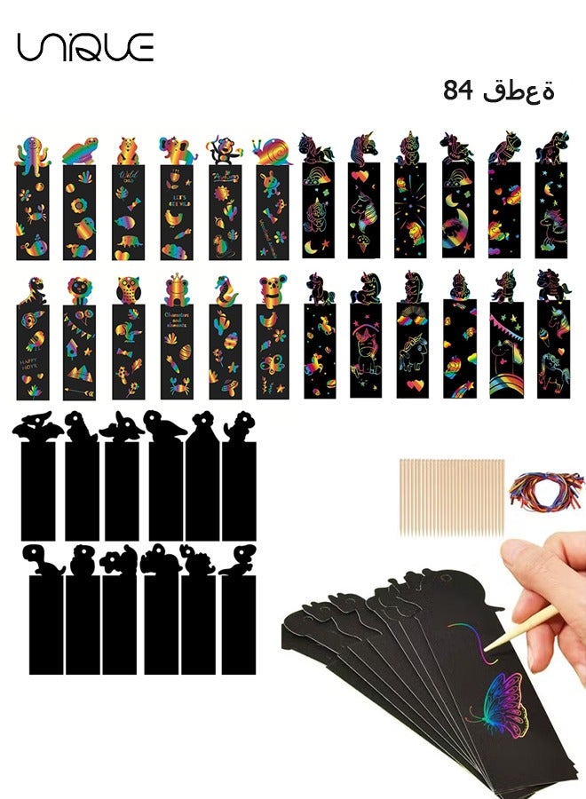 Unique 84Pcs Scratch Art Magic Rainbow Bookmarks for Kids Children, Animal Craft DIY Paper Scratch Art Gift Tags with 36 Colorful Ropes and 36 Stylus for Classroom Gifts, Party Bags Filler for Kids  - Image 1