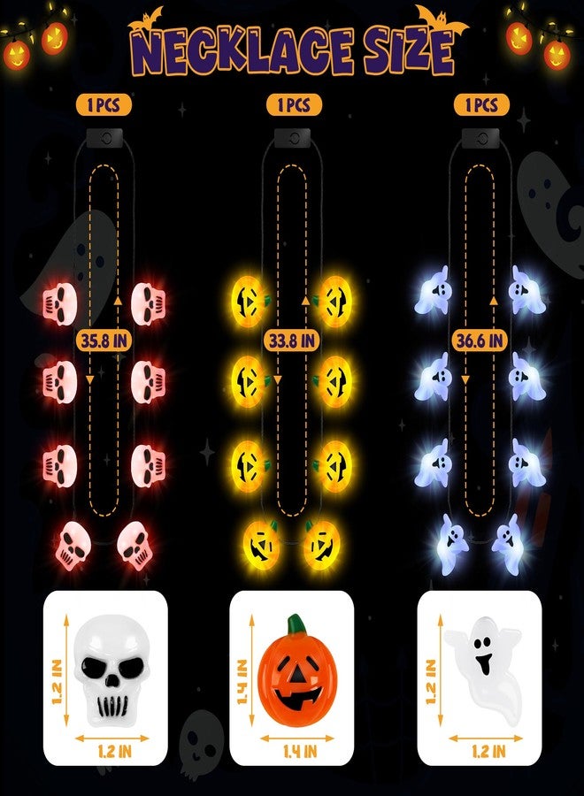 EOBOH Halloween Light up Necklace, 3PCS Glow Skulls Pumpkins Ghost Halloween Necklaces, Red Orange Glow in Dark Necklace with 3D Blub, Festival Accessories for Trick or Treat Party Supplies - Image 4