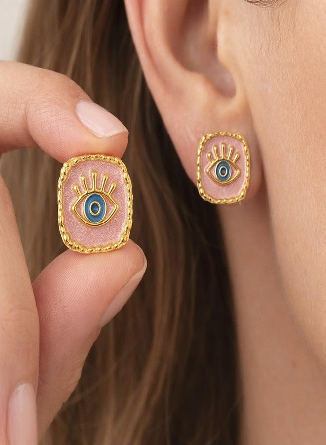 AMAAL Gold Evil Eye Enamel Square Stud Korean Earrings set for Women Girls Ladies | Western Meenakari Earing | Stylish Ear Rings Jewellery for woman | Valentine Gift for Girlfriend couple -409 - Image 2