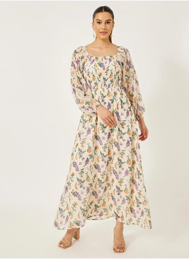 Styli Floral Print Balloon Sleeves A-Line Maxi Dress