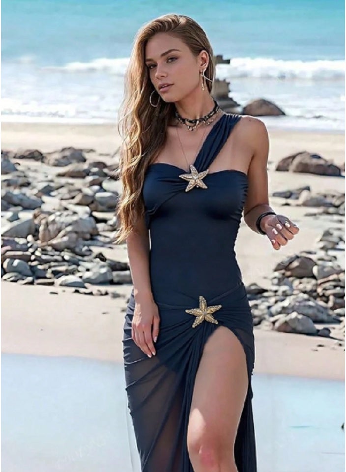 SHEIN Fashionable High-End Beach Vacation Summer Black One-Piece Star Decor Tankini Swimsuit Set