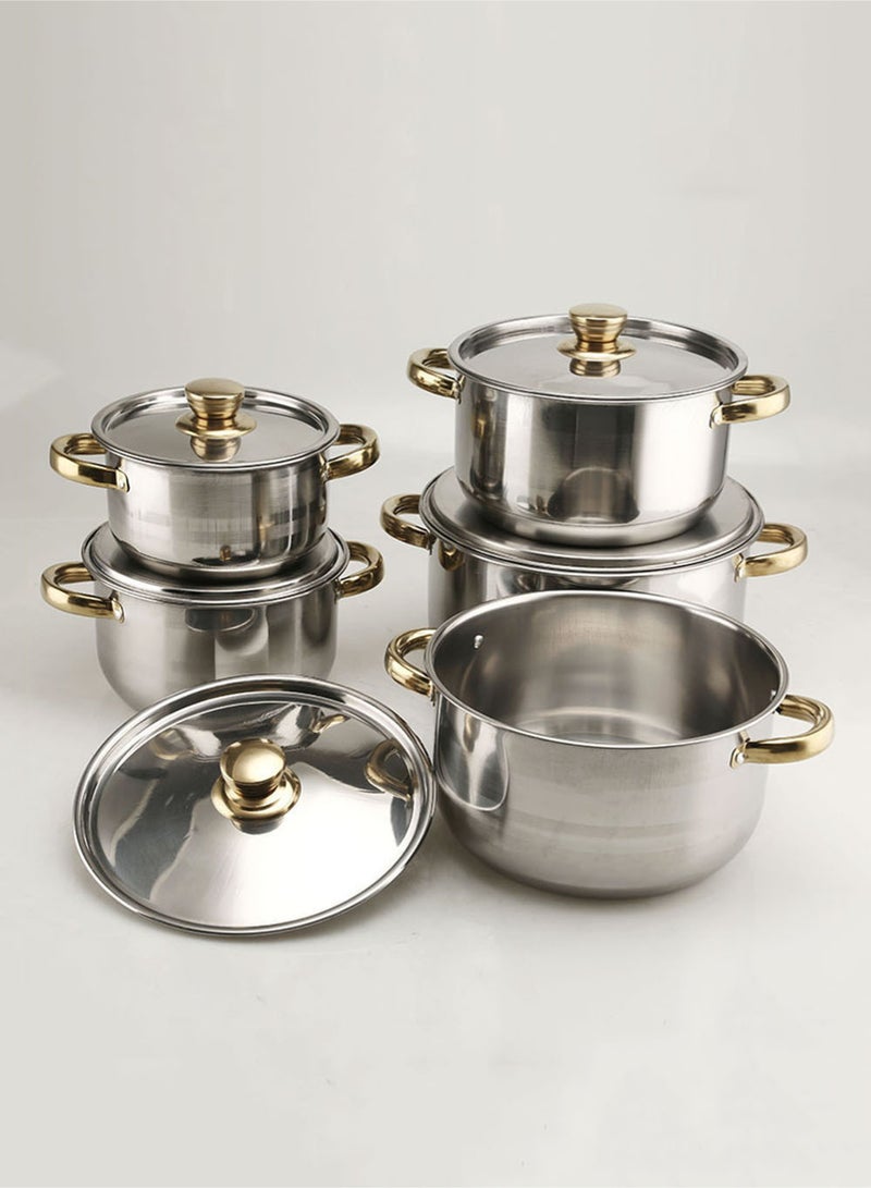 EzzySo طقم أواني طهي مكون من 10 قطع من الفولاذ المقاوم للصدأ، أطقم أدوات مائدة مطلية بالذهب، طقم قدر حساء سميك ذو مقبض مزدوج مع غطاء من الفولاذ، مثالي للمطبخ المنزلي أو المخيم 18/20/22/24/26 سم - Image 1