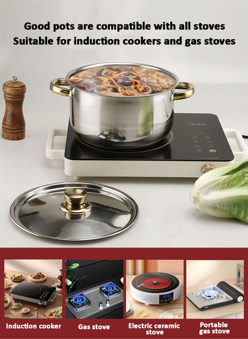 EzzySo طقم أواني طهي مكون من 10 قطع من الفولاذ المقاوم للصدأ، أطقم أدوات مائدة مطلية بالذهب، طقم قدر حساء سميك ذو مقبض مزدوج مع غطاء من الفولاذ، مثالي للمطبخ المنزلي أو المخيم 18/20/22/24/26 سم - Image 3