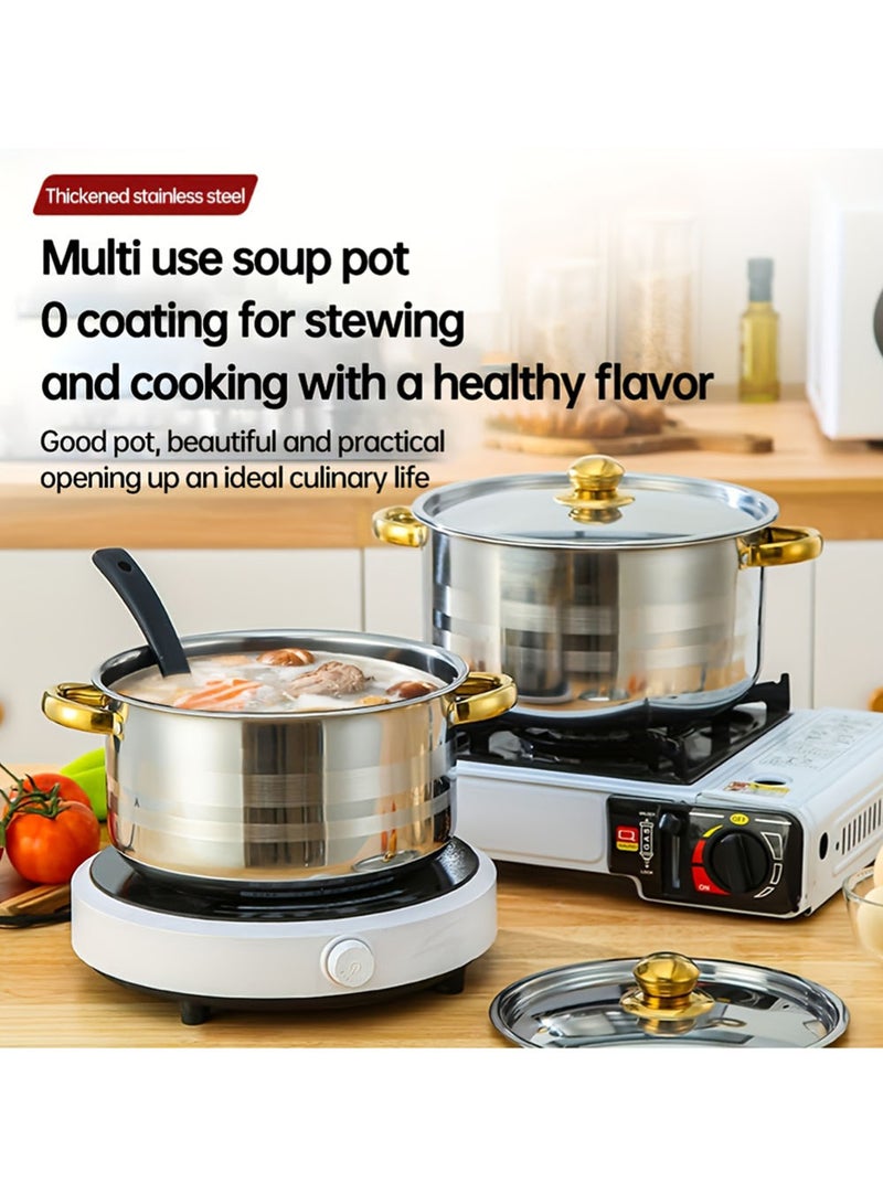 EzzySo طقم أواني طهي مكون من 10 قطع من الفولاذ المقاوم للصدأ، أطقم أدوات مائدة مطلية بالذهب، طقم قدر حساء سميك ذو مقبض مزدوج مع غطاء من الفولاذ، مثالي للمطبخ المنزلي أو المخيم 18/20/22/24/26 سم - Image 4