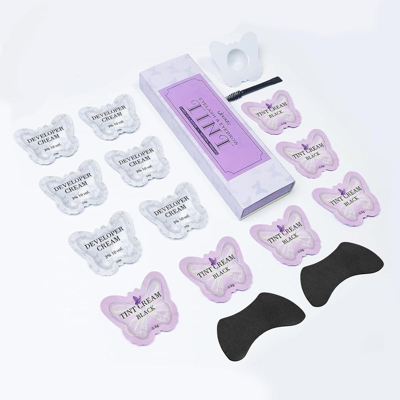 مجموعة صبغة الحواجب والرموش من ليبيوتي - صبغة حواجب سوداء مع دروع رفع الرموش وفرشاة مزدوجة الرأس وتصميم حقيبة جديدة لصبغ الرموش والحواجب في المنزل وفي الصالونات