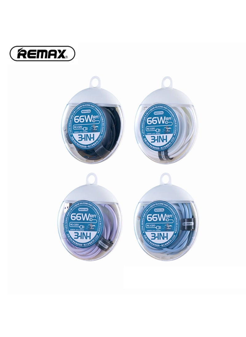 REMAX كابل شحن سريع RC-C120 Leya Series 66 وات 3 في 1 من السيليكون السائل، 1 منفذ USB-A إلى 1 منفذ Type-C+، 1 منفذ Lightning+، 1 منفذ Micro USB، 1.2 متر، أسود  - Image 3