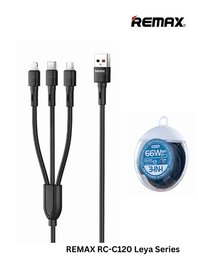 REMAX كابل شحن سريع RC-C120 Leya Series 66 وات 3 في 1 من السيليكون السائل، 1 منفذ USB-A إلى 1 منفذ Type-C+، 1 منفذ Lightning+، 1 منفذ Micro USB، 1.2 متر، أسود  - Image 1