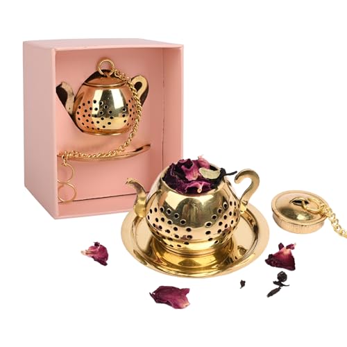 OH CHA - Small Brass Tea Infuser with Brass Plate, Lead Free | Teapot Shaped | Kettle Shaped Handcrafted Brass Tea Strainer Infuser Steeper | Use as Green Tea Infuser | Perfect for Loose Leaf Tea - Image 1