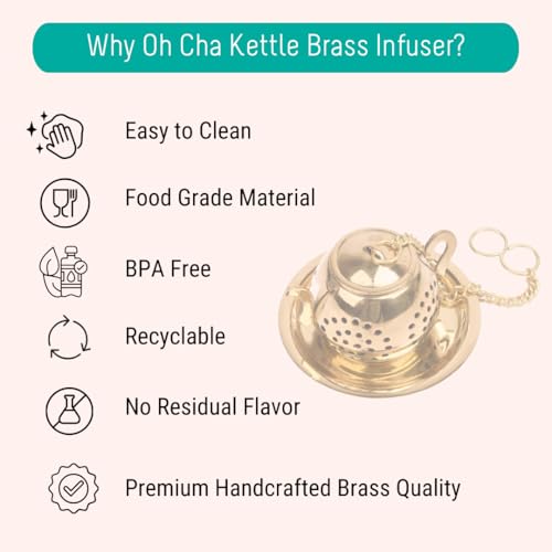 OH CHA - Small Brass Tea Infuser with Brass Plate, Lead Free | Teapot Shaped | Kettle Shaped Handcrafted Brass Tea Strainer Infuser Steeper | Use as Green Tea Infuser | Perfect for Loose Leaf Tea - Image 3