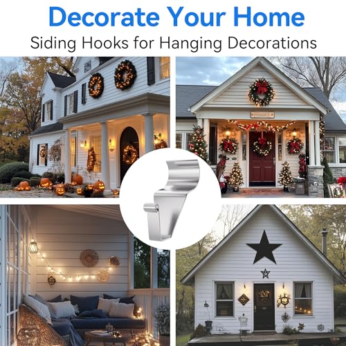 Amuille 20 Pack Vinyl Siding Hooks, No Hole Siding Hanging Hangers, Heavy-Duty Stainless Steel Vinyl Siding Hanger, Reusable Siding Clips for Hanging Holiday Decorations, Plaques, String Light - Image 4
