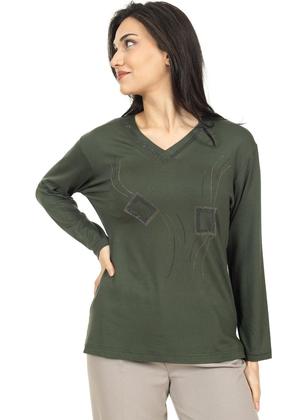 Mutlu City - Women Middle Age and Above New Model V Neck Stone Embroidered Mother's Combed Cotton Blouse 30560 - Image 1
