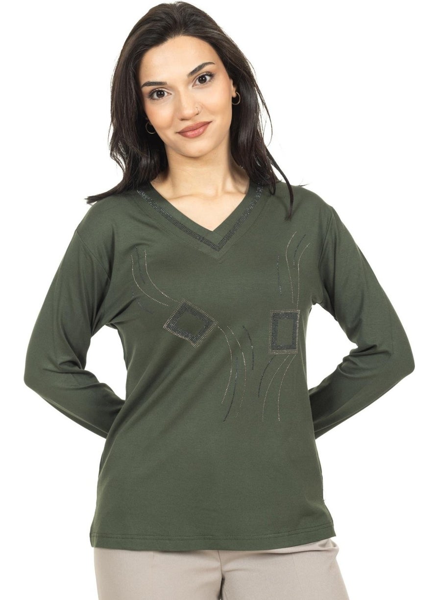 Mutlu City - Women Middle Age and Above New Model V Neck Stone Embroidered Mother's Combed Cotton Blouse 30560 - Image 1