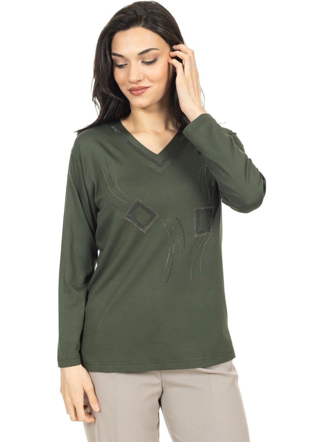 Mutlu City - Women Middle Age and Above New Model V Neck Stone Embroidered Mother's Combed Cotton Blouse 30560 - Image 1