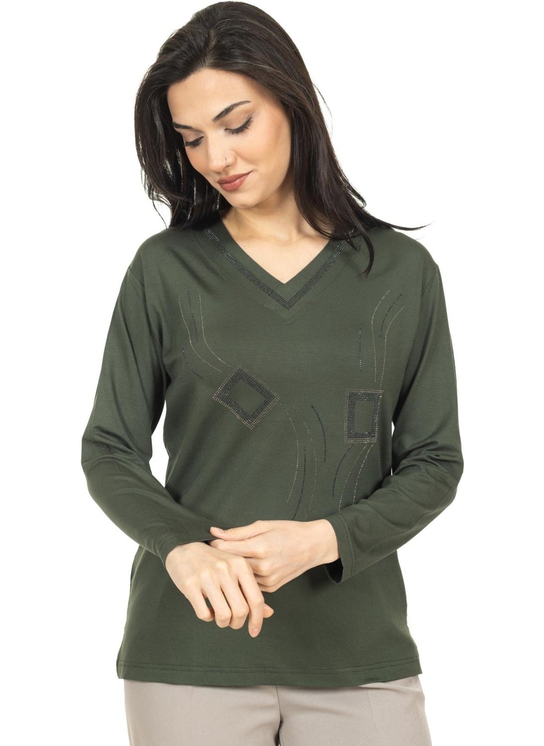 Mutlu City - Women Middle Age and Above New Model V Neck Stone Embroidered Mother's Combed Cotton Blouse 30560 - Image 1