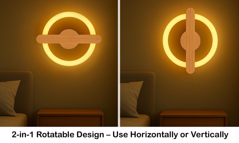 Lamp master Wooden Ring LED Wall Lamp | 2-in-1 Rotatable Wall Mounting Design | Decorative Wall Sconce for Bedroom, Living Room, Office, Hotels & Restaurants | Warm White Glow | Modern Home Decor - Image 3