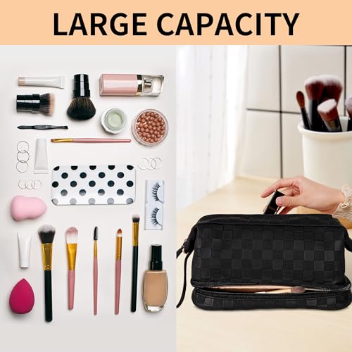 Abiudeng Large Makeup Bag for Women,Travel Makeup Organizer with Brush Holder, Dopp Kit Essentials,Waterproof Checkered Cosmetic Bag for Traveling,Multi Compartment,Cute,Spacious Capacity-Black - Image 5