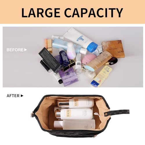 Abiudeng Large Makeup Bag for Women,Travel Makeup Organizer with Brush Holder, Dopp Kit Essentials,Waterproof Checkered Cosmetic Bag for Traveling,Multi Compartment,Cute,Spacious Capacity-Black - Image 4