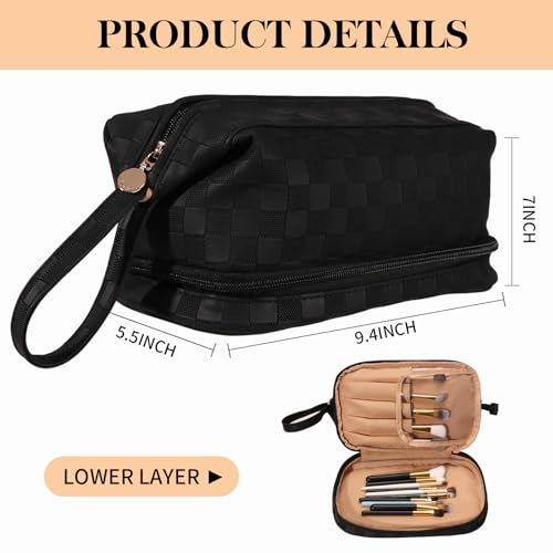 Abiudeng Large Makeup Bag for Women,Travel Makeup Organizer with Brush Holder, Dopp Kit Essentials,Waterproof Checkered Cosmetic Bag for Traveling,Multi Compartment,Cute,Spacious Capacity-Black - Image 2
