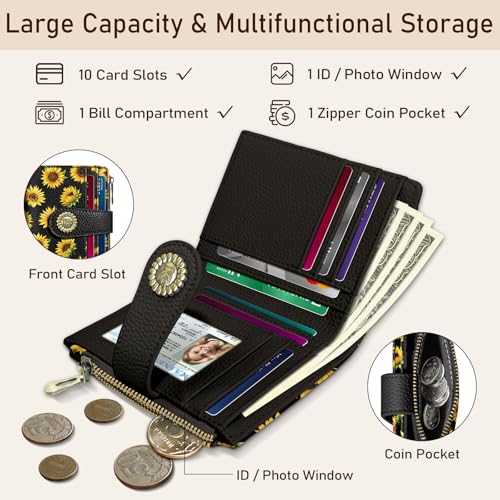 Kelvoris Sunflower Small Rfid Women Wallet Bifold Zipper Coin Pocket PU Leather Compact Cash Credit Card Holder Travel Wallet for Female Ladies Teen Girls 1 ID Window 10 Card Slots - Image 4
