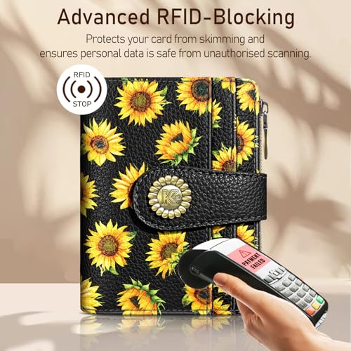 Kelvoris Sunflower Small Rfid Women Wallet Bifold Zipper Coin Pocket PU Leather Compact Cash Credit Card Holder Travel Wallet for Female Ladies Teen Girls 1 ID Window 10 Card Slots - Image 3