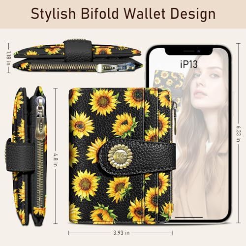Kelvoris Sunflower Small Rfid Women Wallet Bifold Zipper Coin Pocket PU Leather Compact Cash Credit Card Holder Travel Wallet for Female Ladies Teen Girls 1 ID Window 10 Card Slots - Image 5