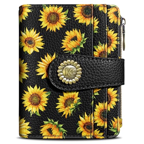 Kelvoris Sunflower Small Rfid Women Wallet Bifold Zipper Coin Pocket PU Leather Compact Cash Credit Card Holder Travel Wallet for Female Ladies Teen Girls 1 ID Window 10 Card Slots - Image 1