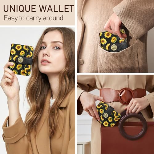 Kelvoris Sunflower Small Rfid Women Wallet Bifold Zipper Coin Pocket PU Leather Compact Cash Credit Card Holder Travel Wallet for Female Ladies Teen Girls 1 ID Window 10 Card Slots - Image 2