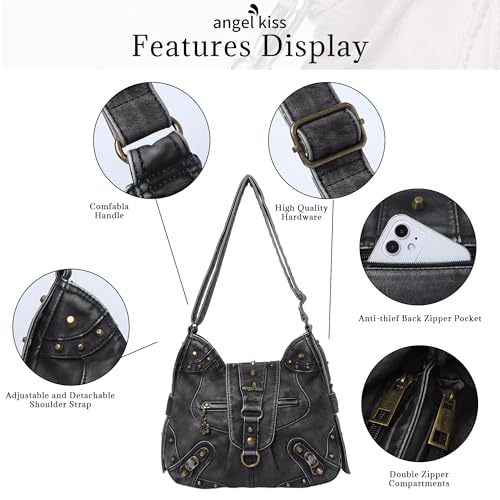 Angel Kiss Hobo Bag for Women Studded Vegan Leather Shoulder Purses and Handbags Retro Roomy Daily Purse Travel Crossbody Bags Medium Size With Adjustable Strap,Brown - Image 4