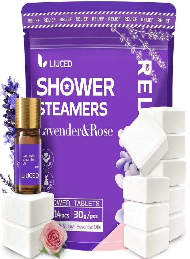 LIUCED Shower Steamers Aromatherapy - 14 Pack Lavender & Rose Shower Bombs and 5ml Natural Lavender Essential Oils, Birthday Day Gifts for Mom Wife, Self Care Stress Relief Gifts for Women Her - Image 1