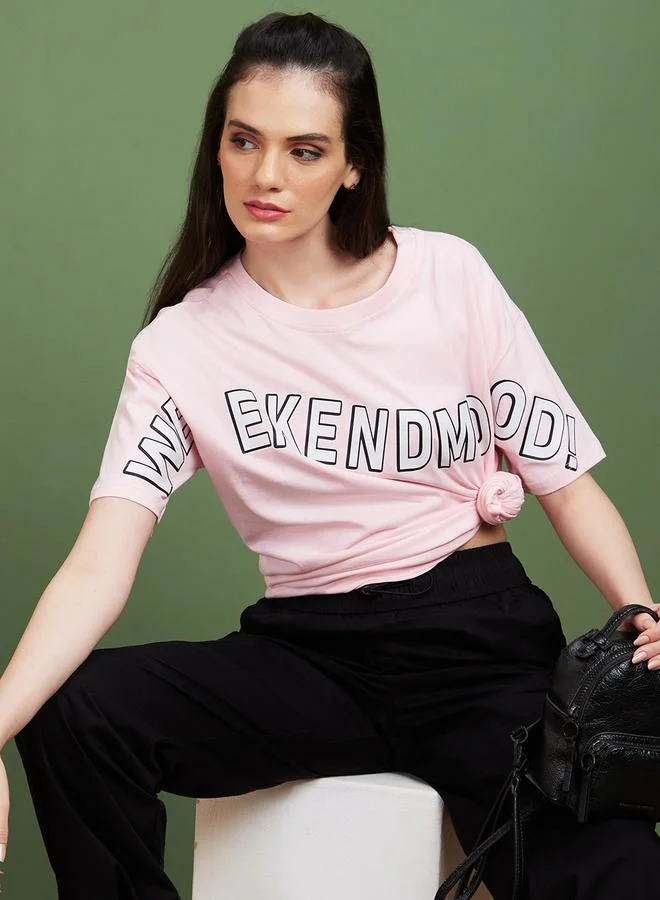 جلو باص Globus Slogan Print Round Neck Cotton Boxy Fit T-Shirt