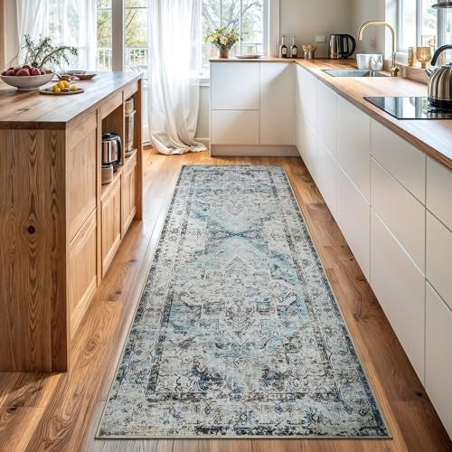 Bloom Rugs Washable Non-Slip 10 ft Runner - Beige/Blue Traditional Runner for Entryway, Hallway, Bathroom, and Kitchen - Exact Size: 2.5' x 10' - Image 1