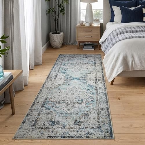 Bloom Rugs Washable Non-Slip 10 ft Runner - Beige/Blue Traditional Runner for Entryway, Hallway, Bathroom, and Kitchen - Exact Size: 2.5' x 10' - Image 3