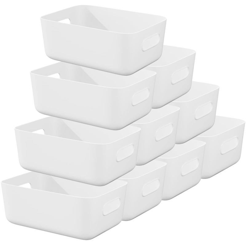 صناديق تخزين بلاستيكية بيضاء 10 قطع مع مقبض - سلال تخزين بلاستيكية متوسطة - صناديق تنظيم للخزائن للحمام والمطبخ والمكتب والمدرسة والألعاب 251710 سم