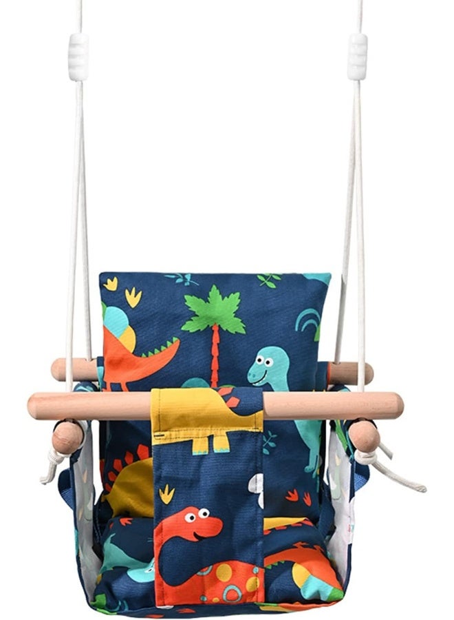 Rainbow Toys Baby Hanging Swing Seat Chair, Dinosaur Print Wooden Canvas Baby Swing with Belt, Outdoor And Indoor Swing for Kids - Image 1