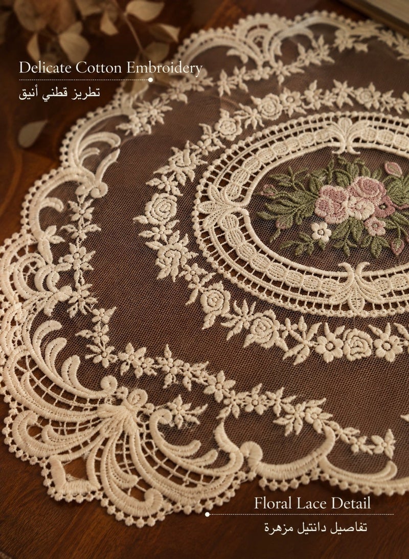 طقم 2 مفرش طاولة دانتيل فرنسي بتصميم قديم، مفارش قطنية مطرزة للديكور كحصيرة أكواب ومزهريات لطاولة الطعام وطاولة القهوة والمنزل، بيج، مقاس 43 × 32 سم - Image 5