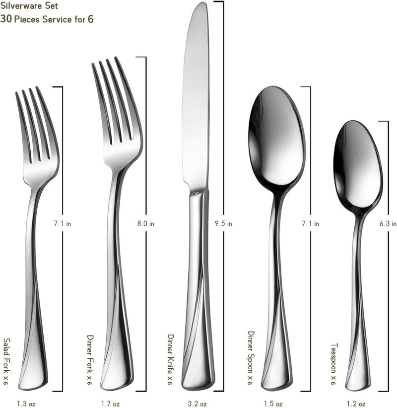 Alata Alice 30Piece Silverware Set Stainless Steel Flatware SetService for 6Mirror Polished Cutlery SetDishwasher Safe - Image 4