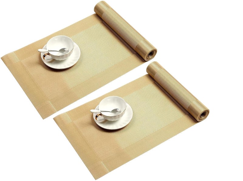 we3 we3 Table Runner Washable Vinyl Brown Table Runner for Kitchen Dining Tea Table Use Heat Insulation PVC Vinyl Weave (Gold, Pack of 2) - Image 1