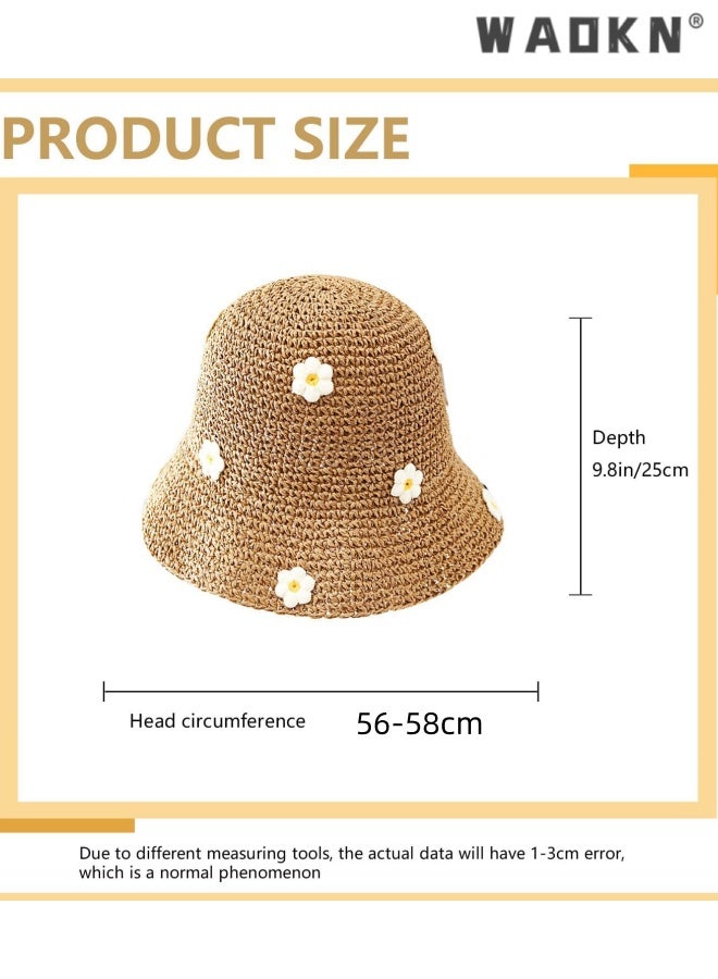 WAOKN Crochet Bucket Hat Straw Sun Hat Beach Hat Fashion Foldable Packable Fishing Hat for Spring Summer Fall for Women/Girls,Sunscreen Fisherman's Hat,Holiday trip hollow woven hat,56-58cm,khaki. - Image 2