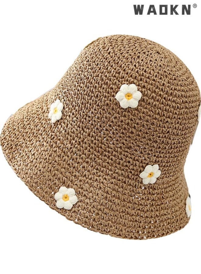 WAOKN Crochet Bucket Hat Straw Sun Hat Beach Hat Fashion Foldable Packable Fishing Hat for Spring Summer Fall for Women/Girls,Sunscreen Fisherman's Hat,Holiday trip hollow woven hat,56-58cm,khaki. - Image 1