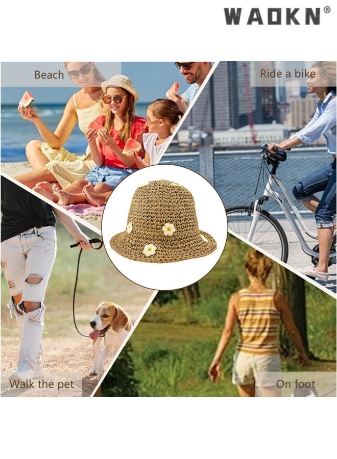 WAOKN Crochet Bucket Hat Straw Sun Hat Beach Hat Fashion Foldable Packable Fishing Hat for Spring Summer Fall for Women/Girls,Sunscreen Fisherman's Hat,Holiday trip hollow woven hat,56-58cm,khaki. - Image 3