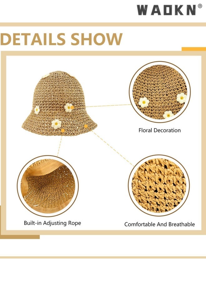 WAOKN Crochet Bucket Hat Straw Sun Hat Beach Hat Fashion Foldable Packable Fishing Hat for Spring Summer Fall for Women/Girls,Sunscreen Fisherman's Hat,Holiday trip hollow woven hat,56-58cm,khaki. - Image 4