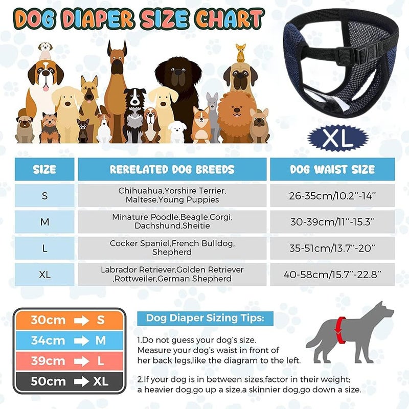 Qpets ® 1 قطعة حفاضات كلاب إناث قابلة لإعادة الاستخدام ومهواة مع 3 فوط قطنية ماصة، مريحة للكلاب الإناث والجراء (مقاس XL، محيط الخصر الموصى به 16-21 بوصة) - Image 4