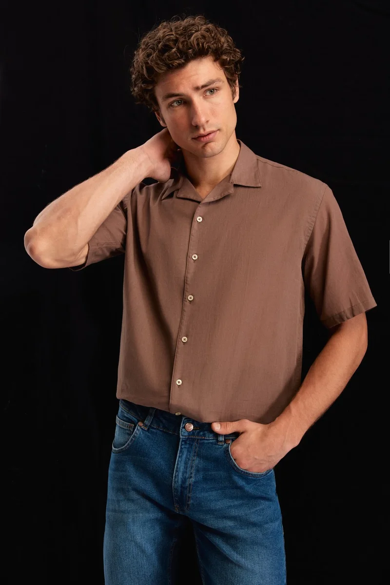 دي أس دامات Relaxed Brown Plain 100% Cotton Shirt 0HC02ORT02313